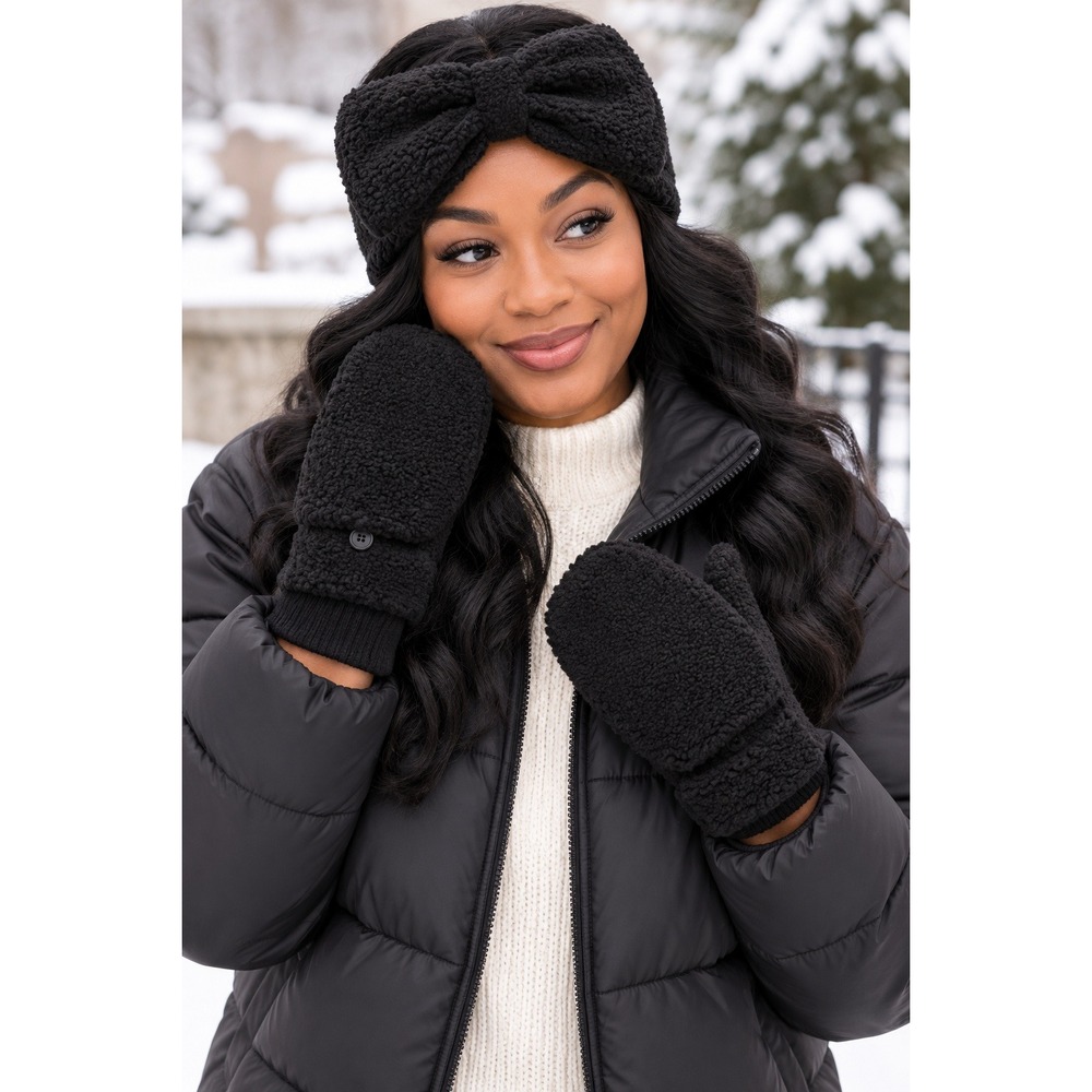 Black Sherpa Fleece Bow Headband‎ and Convertible Mitten Set NWT